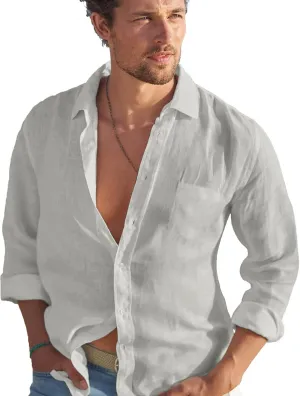 TURETRENDY Mens Button Down Linen Shirts Casual Long Sleeve Dress Shirts Regular Fit Cotton Beach Yoga Shirts with Pocket