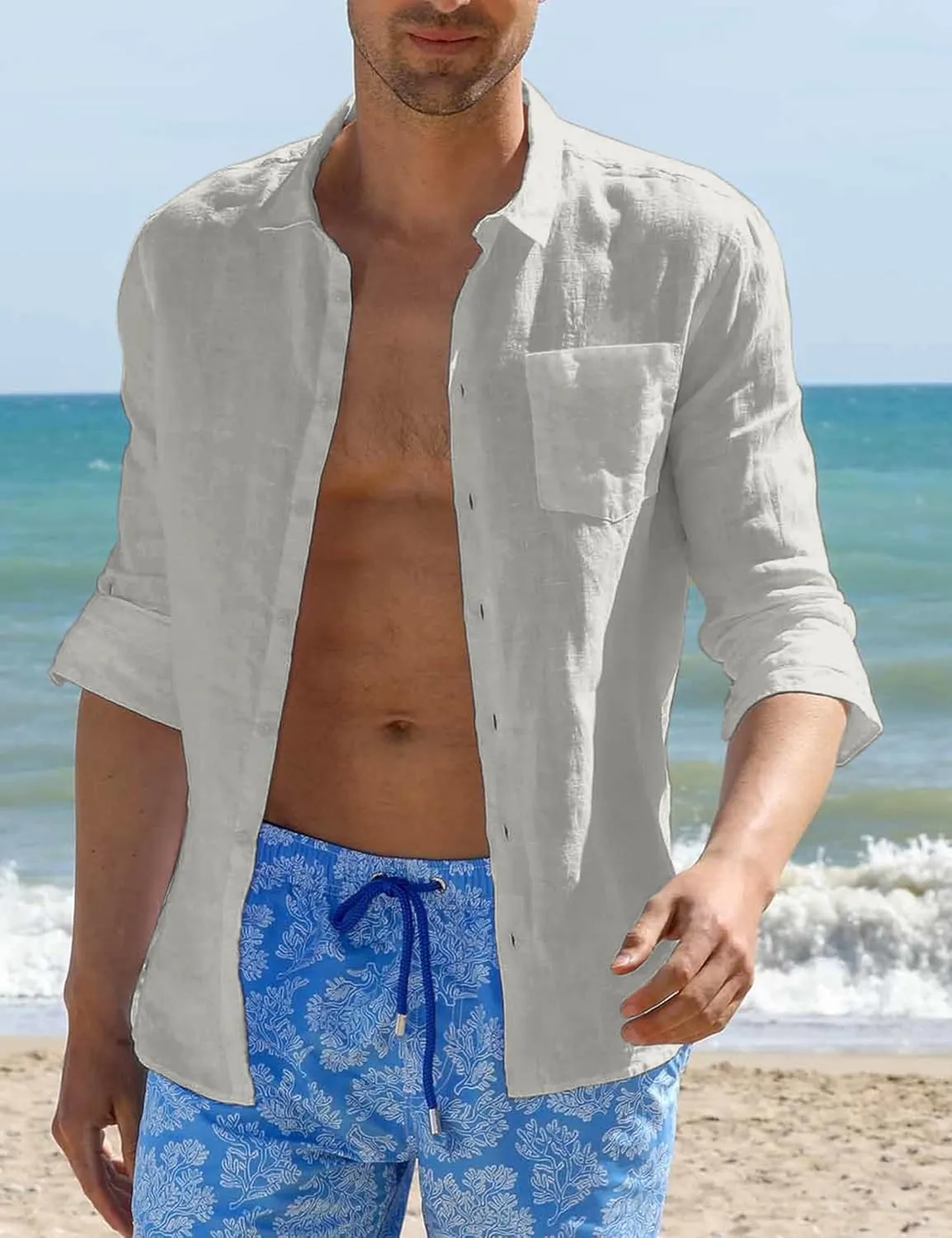 TURETRENDY Mens Button Down Linen Shirts Casual Long Sleeve Dress Shirts Regular Fit Cotton Beach Yoga Shirts with Pocket