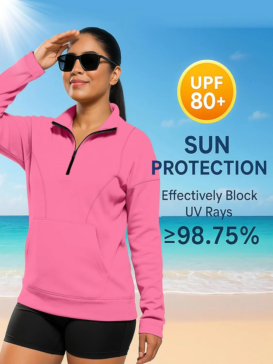 URBAN BUCK Womens Neon Pullover Running Sweatshirts High Visibility Fleece Lined Oversize Quarter Zip Workout Sweater Jackets