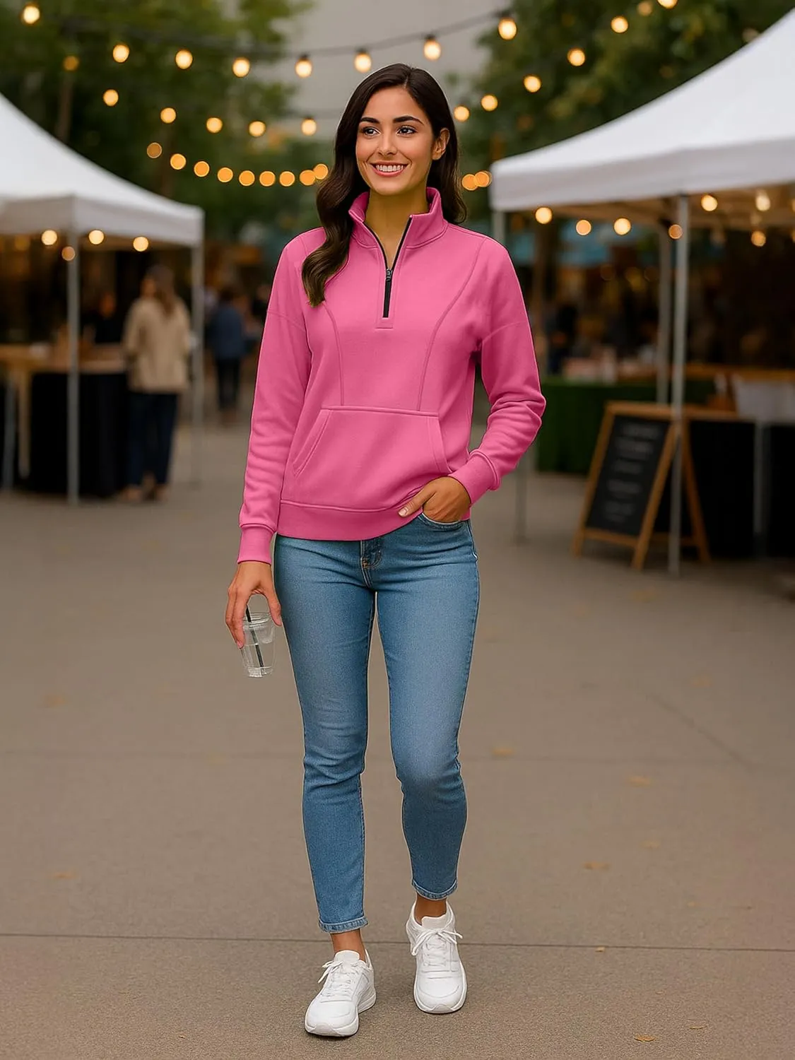 URBAN BUCK Womens Neon Pullover Running Sweatshirts High Visibility Fleece Lined Oversize Quarter Zip Workout Sweater Jackets