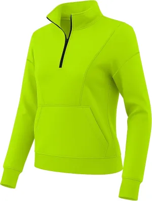 URBAN BUCK Womens Neon Pullover Running Sweatshirts High Visibility Fleece Lined Oversize Quarter Zip Workout Sweater Jackets