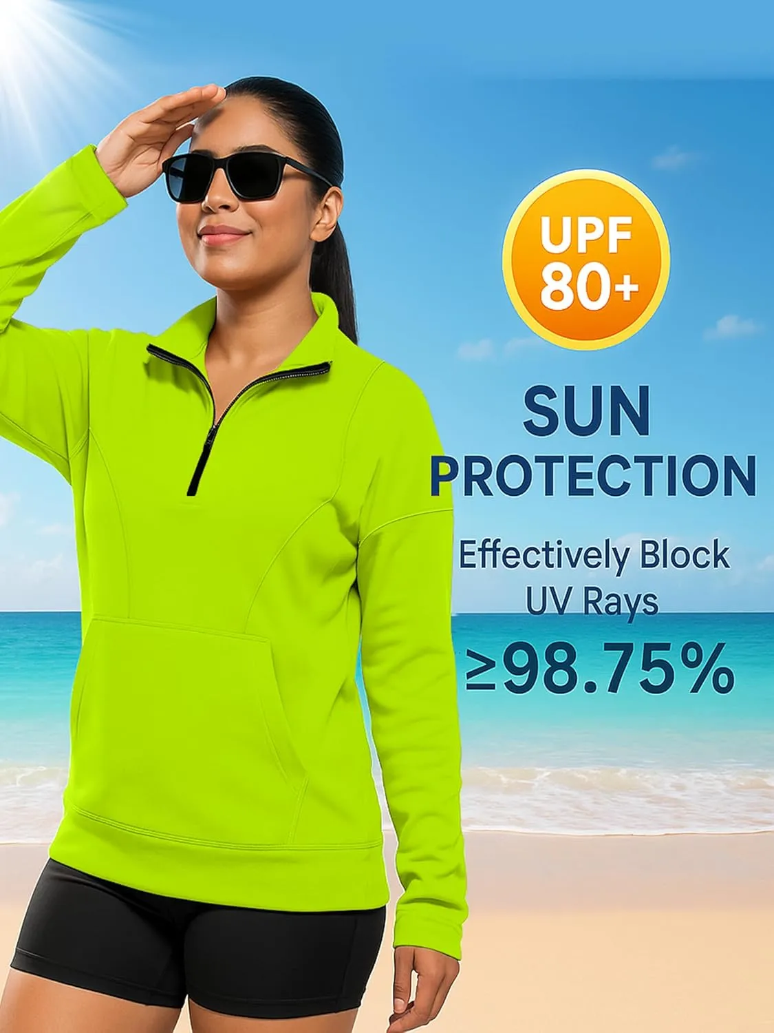 URBAN BUCK Womens Neon Pullover Running Sweatshirts High Visibility Fleece Lined Oversize Quarter Zip Workout Sweater Jackets