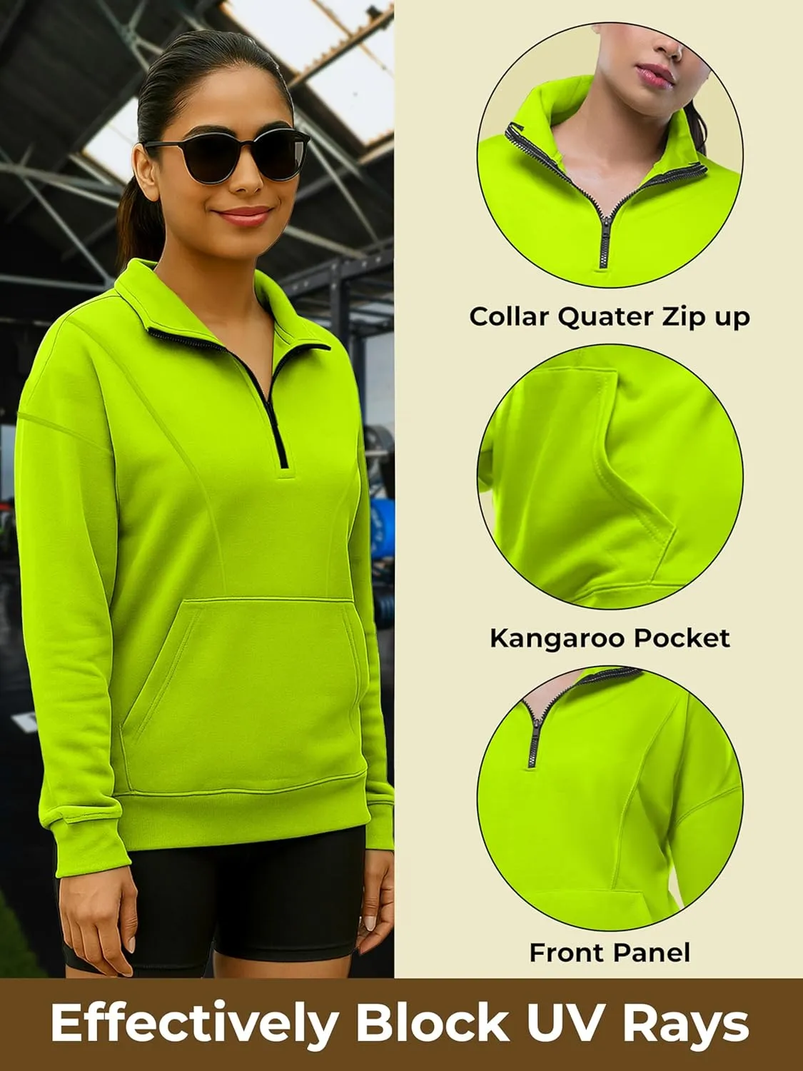 URBAN BUCK Womens Neon Pullover Running Sweatshirts High Visibility Fleece Lined Oversize Quarter Zip Workout Sweater Jackets