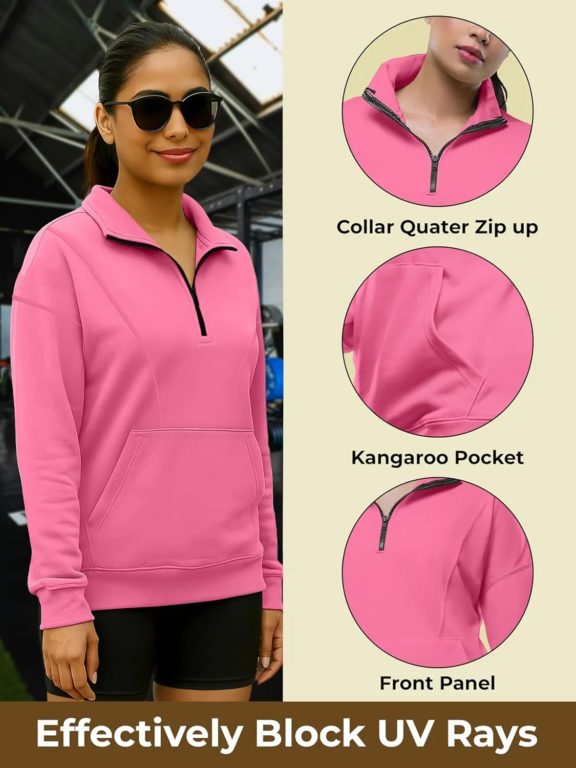 URBAN BUCK Womens Neon Pullover Running Sweatshirts High Visibility Fleece Lined Oversize Quarter Zip Workout Sweater Jackets