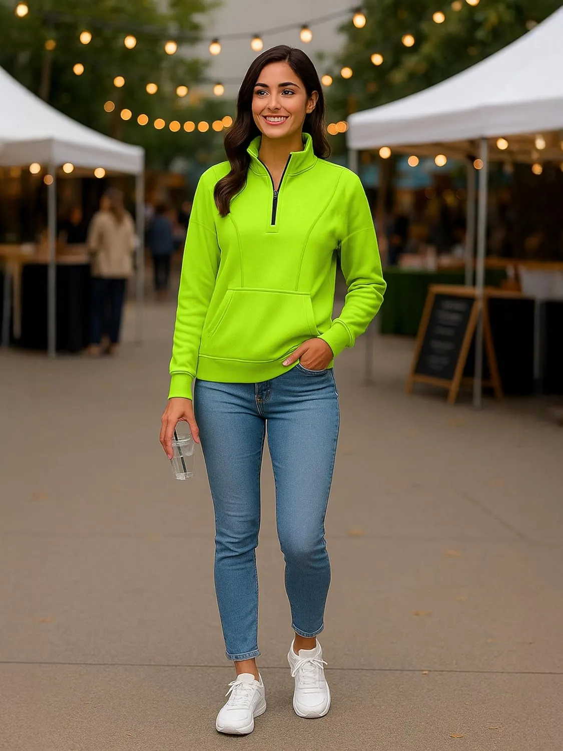URBAN BUCK Womens Neon Pullover Running Sweatshirts High Visibility Fleece Lined Oversize Quarter Zip Workout Sweater Jackets