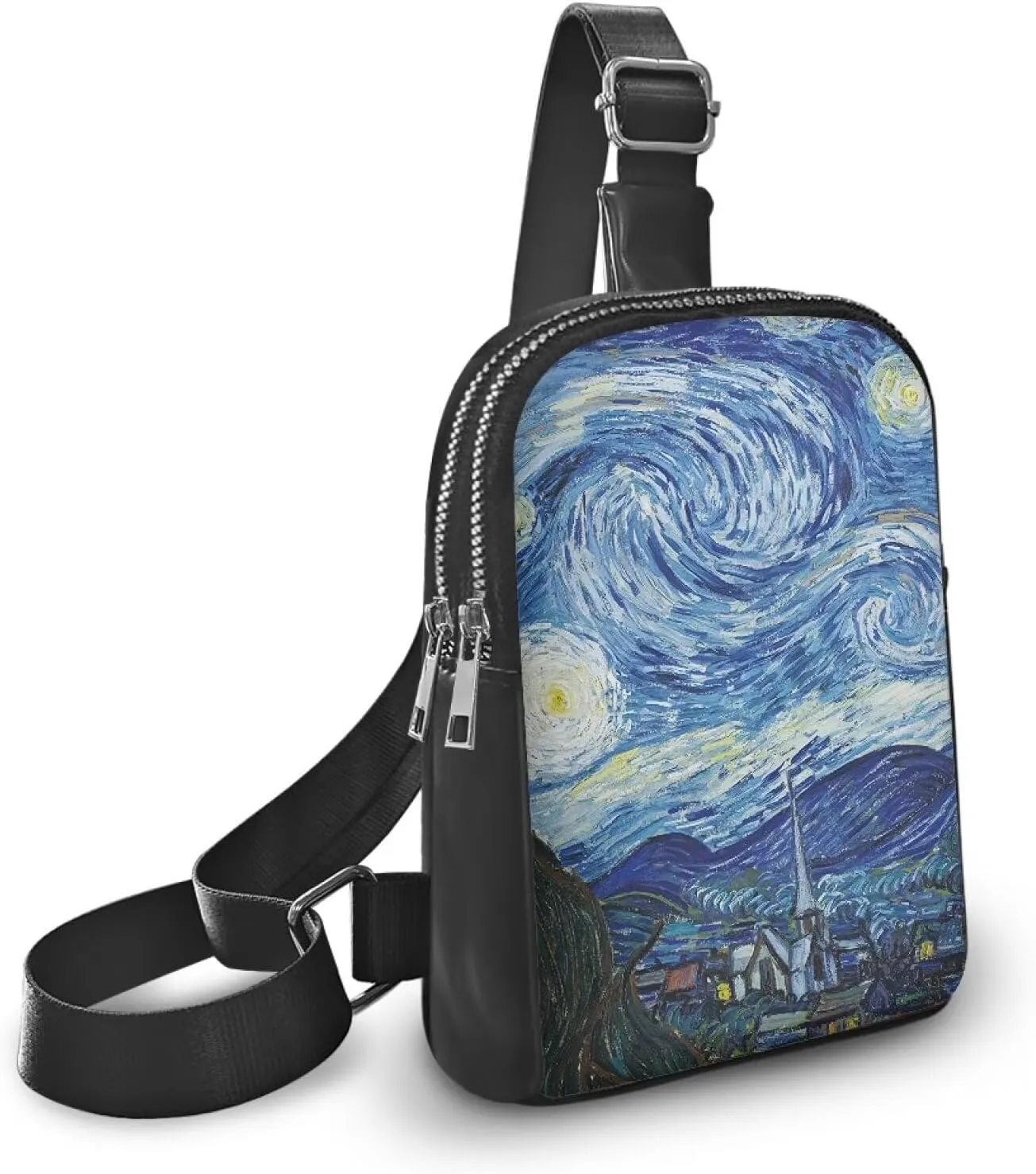 Van Gogh Starry Night Sling Bag Backpack Casual Chest Bag with Shoulder Strap, Oil Painting Art Lightweight Fanny Pack PU Leather Cross Body Purse
