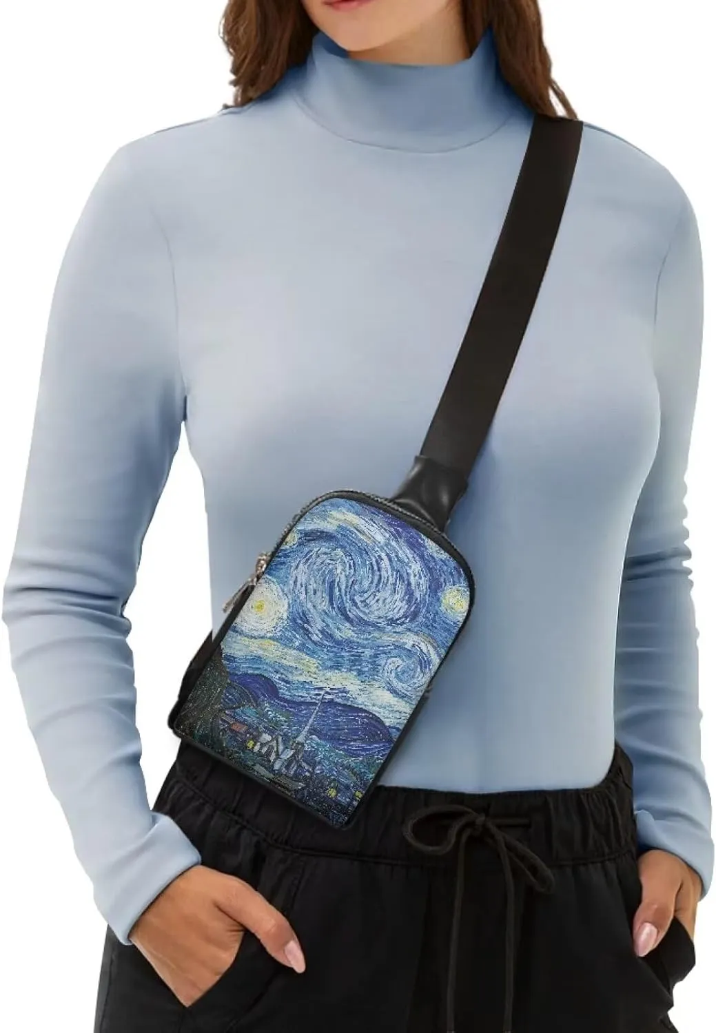 Van Gogh Starry Night Sling Bag Backpack Casual Chest Bag with Shoulder Strap, Oil Painting Art Lightweight Fanny Pack PU Leather Cross Body Purse