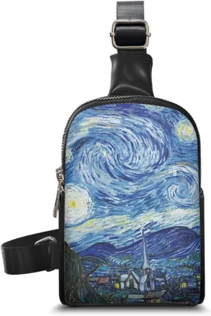 Van Gogh Starry Night Sling Bag Backpack Casual Chest Bag with Shoulder Strap, Oil Painting Art Lightweight Fanny Pack PU Leather Cross Body Purse