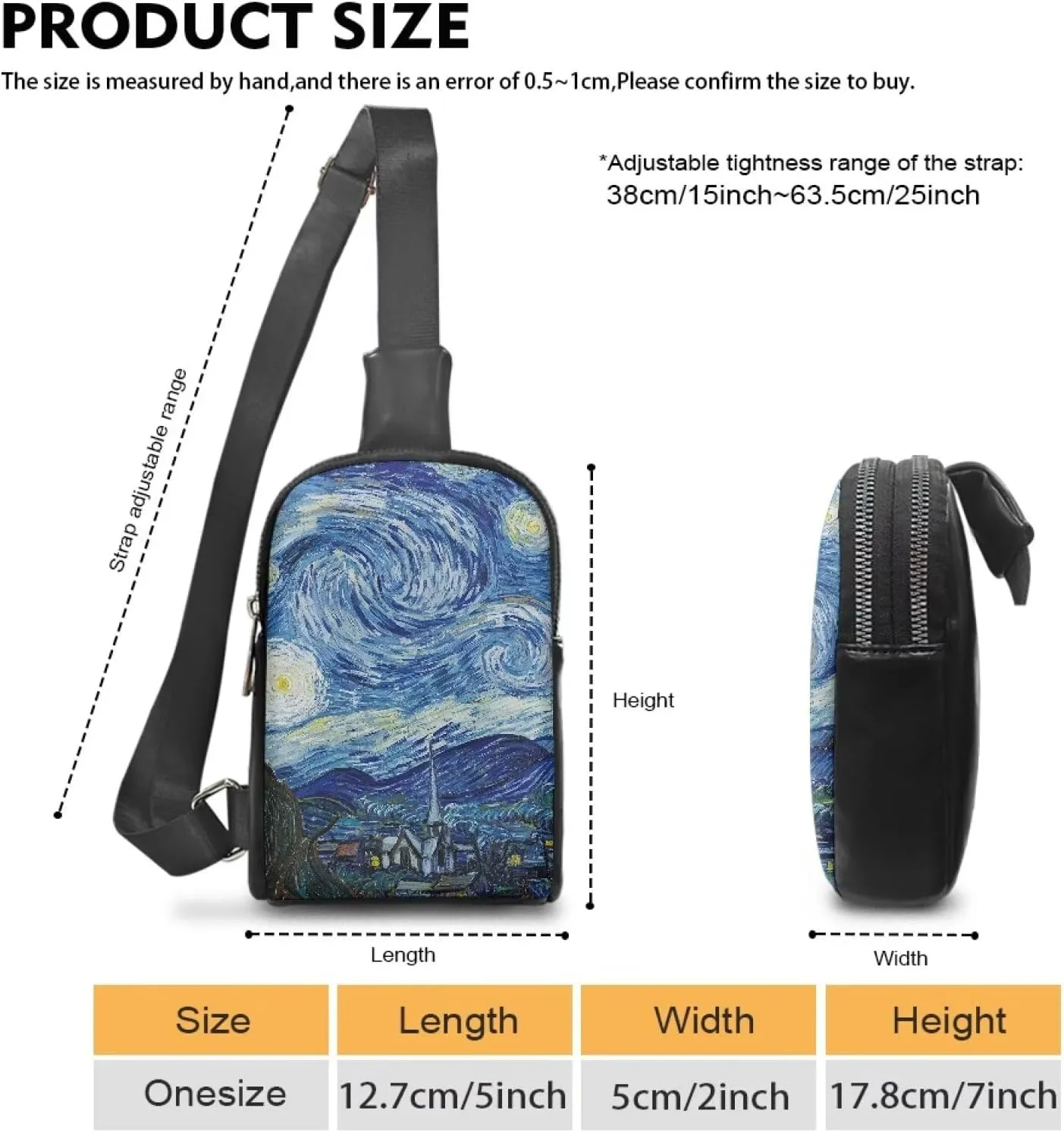 Van Gogh Starry Night Sling Bag Backpack Casual Chest Bag with Shoulder Strap, Oil Painting Art Lightweight Fanny Pack PU Leather Cross Body Purse