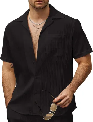 VATPAVE Mens Linen Shirts Casual Button Down Cuban Shirts Short Sleeve Summer Shirts Fashion Textured Beach Shirt with Pocket
