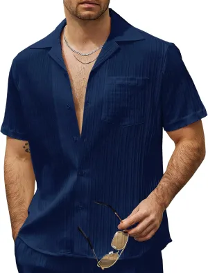VATPAVE Mens Linen Shirts Casual Button Down Cuban Shirts Short Sleeve Summer Shirts Fashion Textured Beach Shirt with Pocket