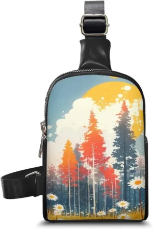 Watercolor Forest Fanny Pack, Fall Trees Painting Crossbody Sling Bag for Women, PU Leather Belt Bag Waist Packs for Workout Running Travel