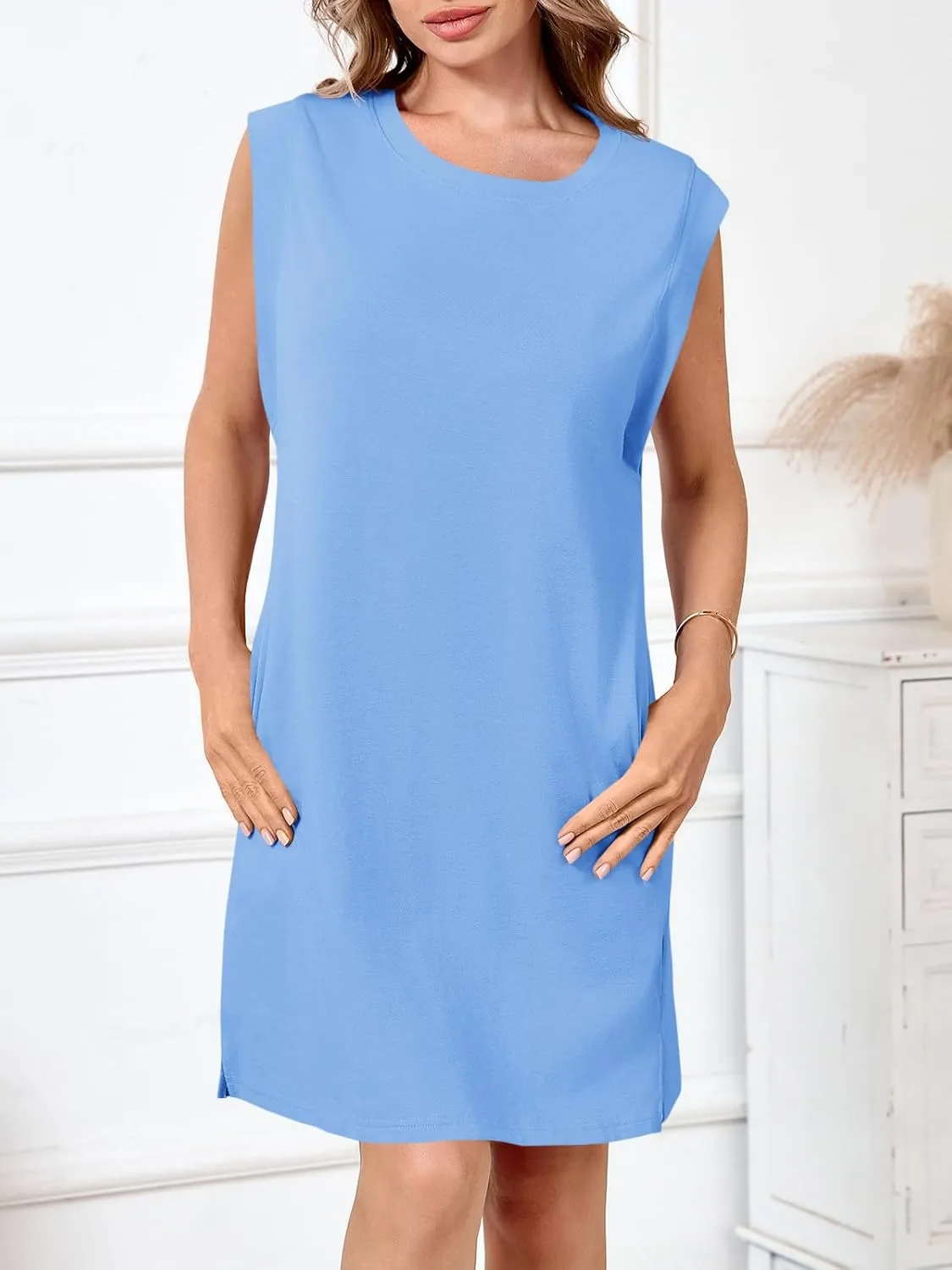 Wenrine Womens Summer Mini Dress Casual Loose Sleeveless Crewneck Slit Basic T Shirt Dresses with Pockets