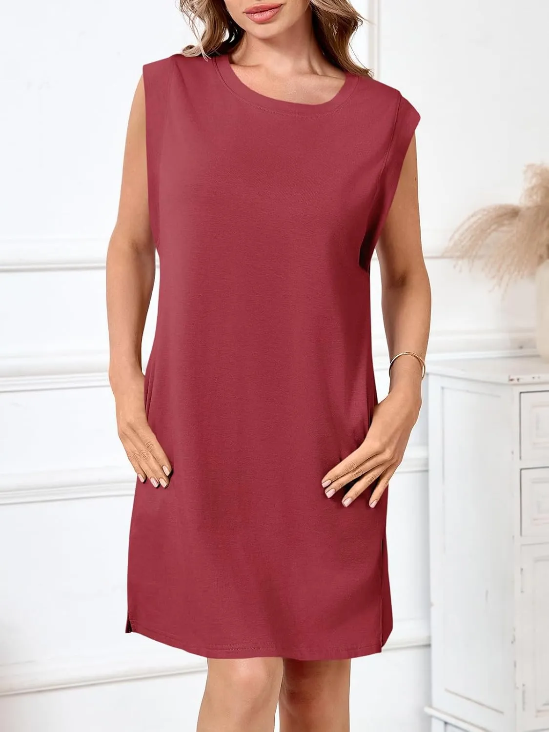 Wenrine Womens Summer Mini Dress Casual Loose Sleeveless Crewneck Slit Basic T Shirt Dresses with Pockets
