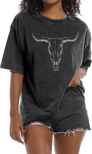 Western Cow Skull Shirts for Women Oversized Cowgirl Country Concert Vintage Graphic Tees Cowboy Rodeo T Shirt Tops