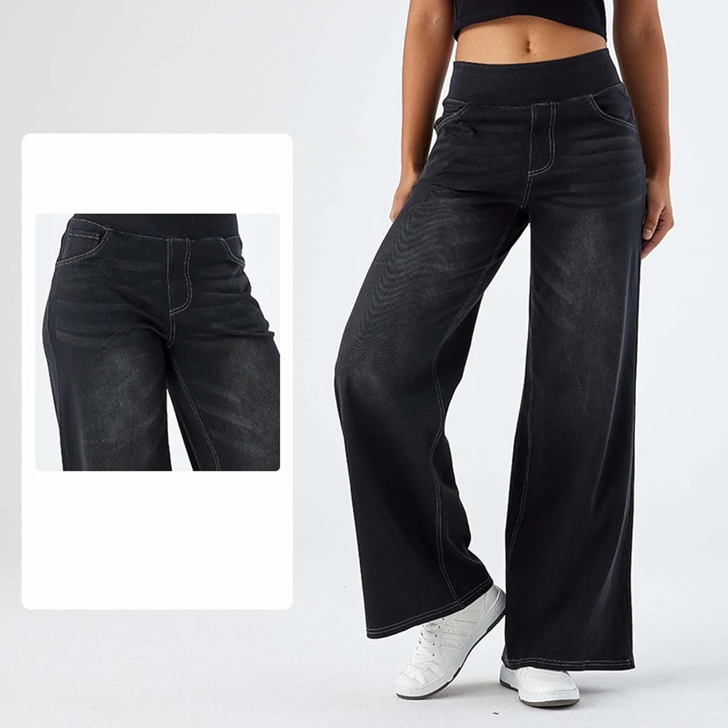 Wide Leg Jeans for Women Elastic High Waisted Trendy Straight Leg Denim Pants Baggy Pull On Jeans for Women