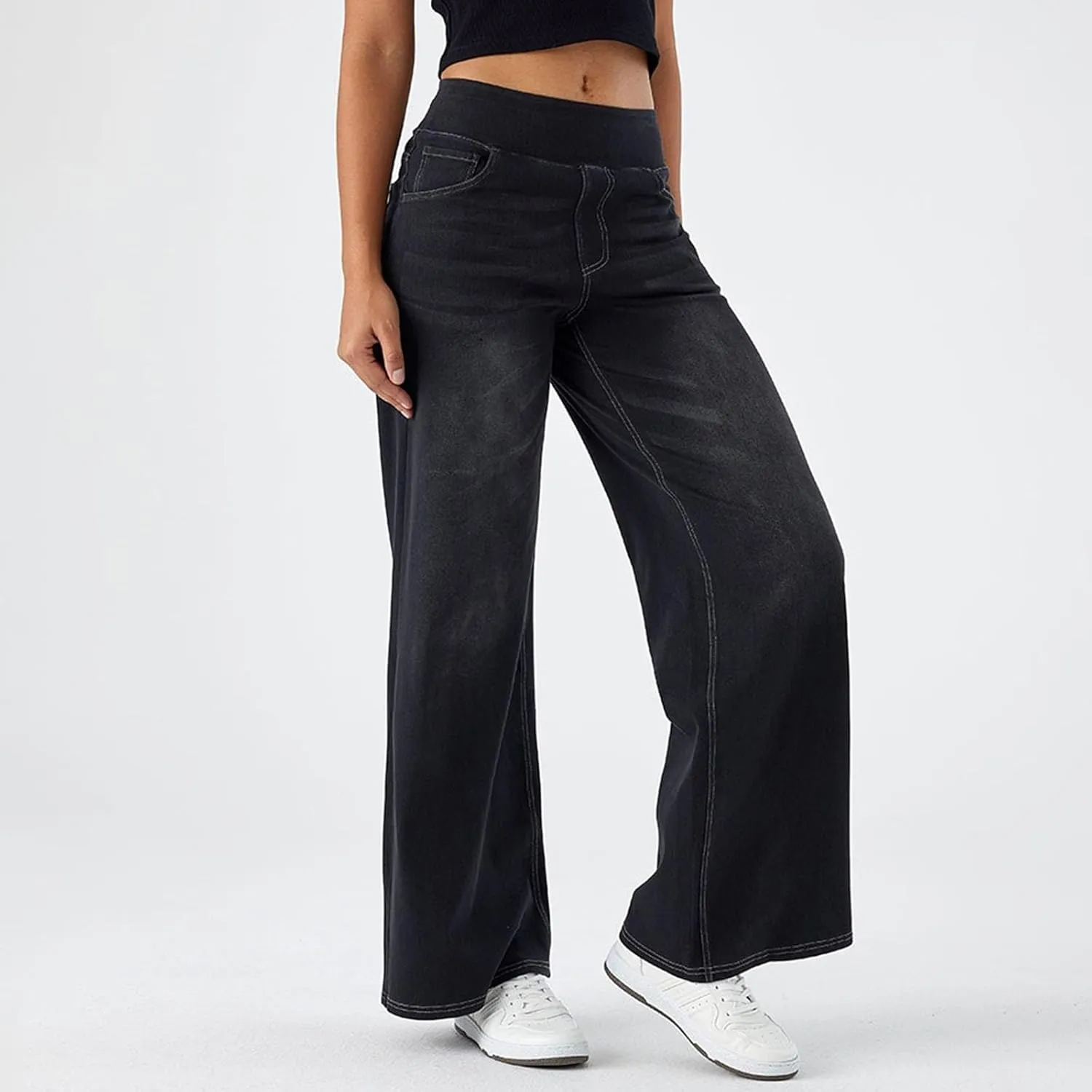 Wide Leg Jeans for Women Elastic High Waisted Trendy Straight Leg Denim Pants Baggy Pull On Jeans for Women