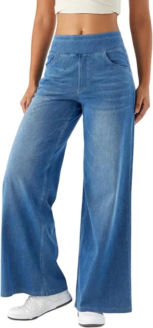Wide Leg Jeans for Women Elastic High Waisted Trendy Straight Leg Denim Pants Baggy Pull On Jeans for Women