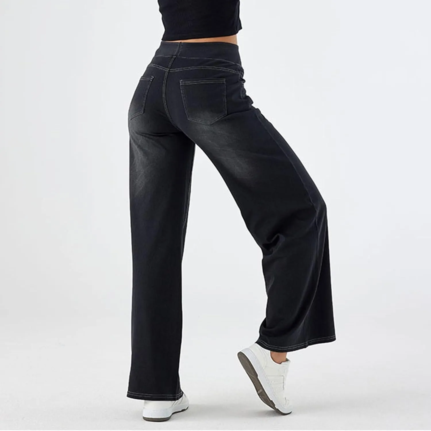 Wide Leg Jeans for Women Elastic High Waisted Trendy Straight Leg Denim Pants Baggy Pull On Jeans for Women