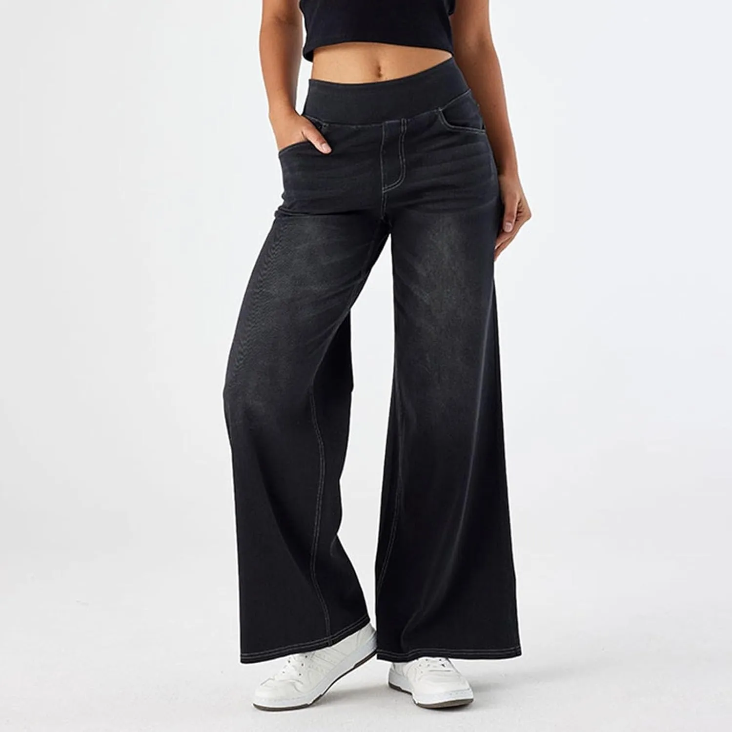 Wide Leg Jeans for Women Elastic High Waisted Trendy Straight Leg Denim Pants Baggy Pull On Jeans for Women