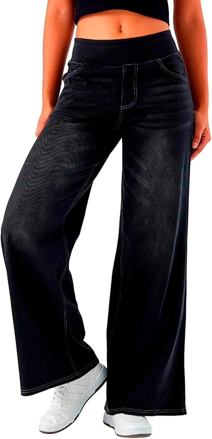 Wide Leg Jeans for Women Elastic High Waisted Trendy Straight Leg Denim Pants Baggy Pull On Jeans for Women