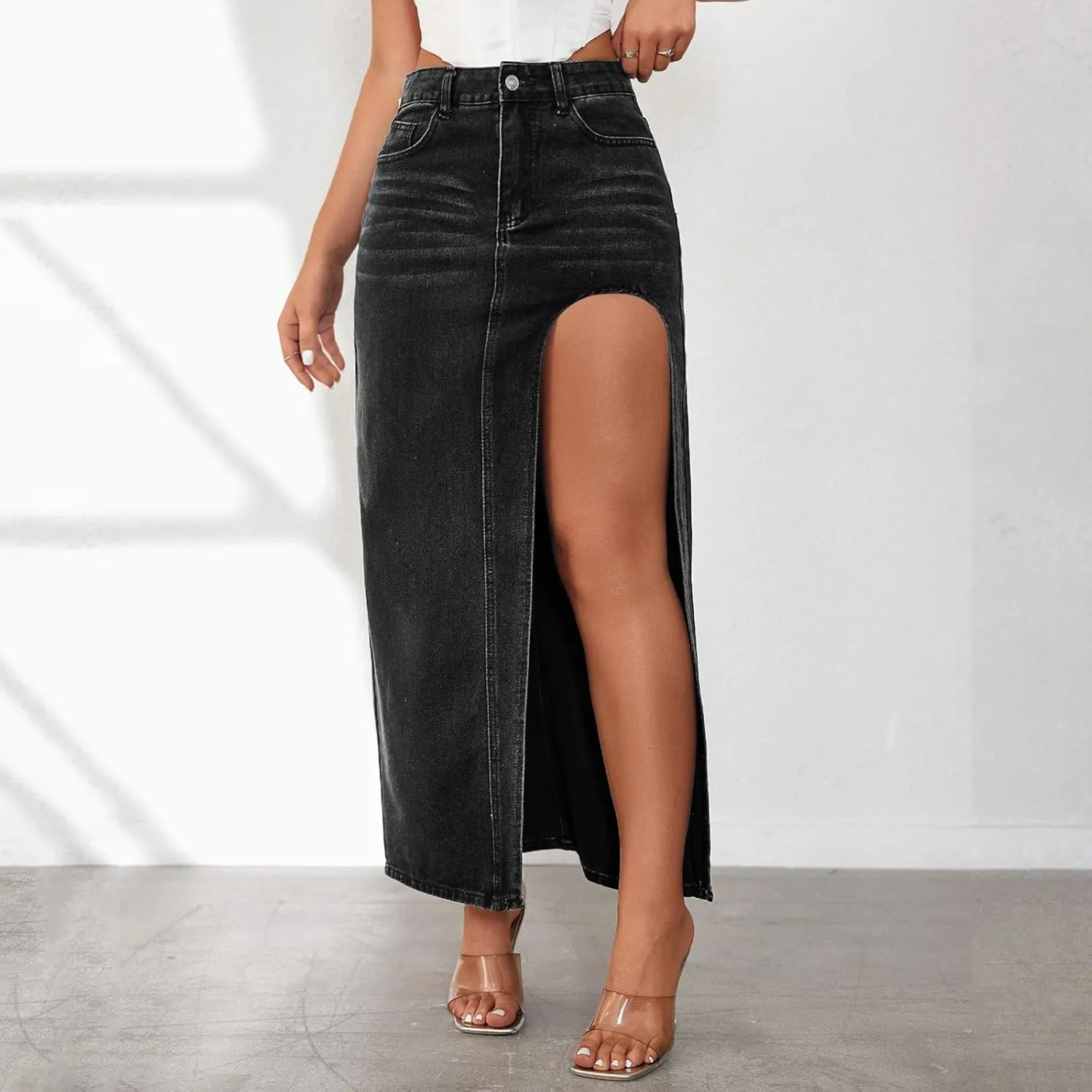 Wide Leg Jeans Woman High Waisted Casual Mom Trendy Split Thigh Maxi Denim Pants Ladies Zip Up Long Pencil Jean