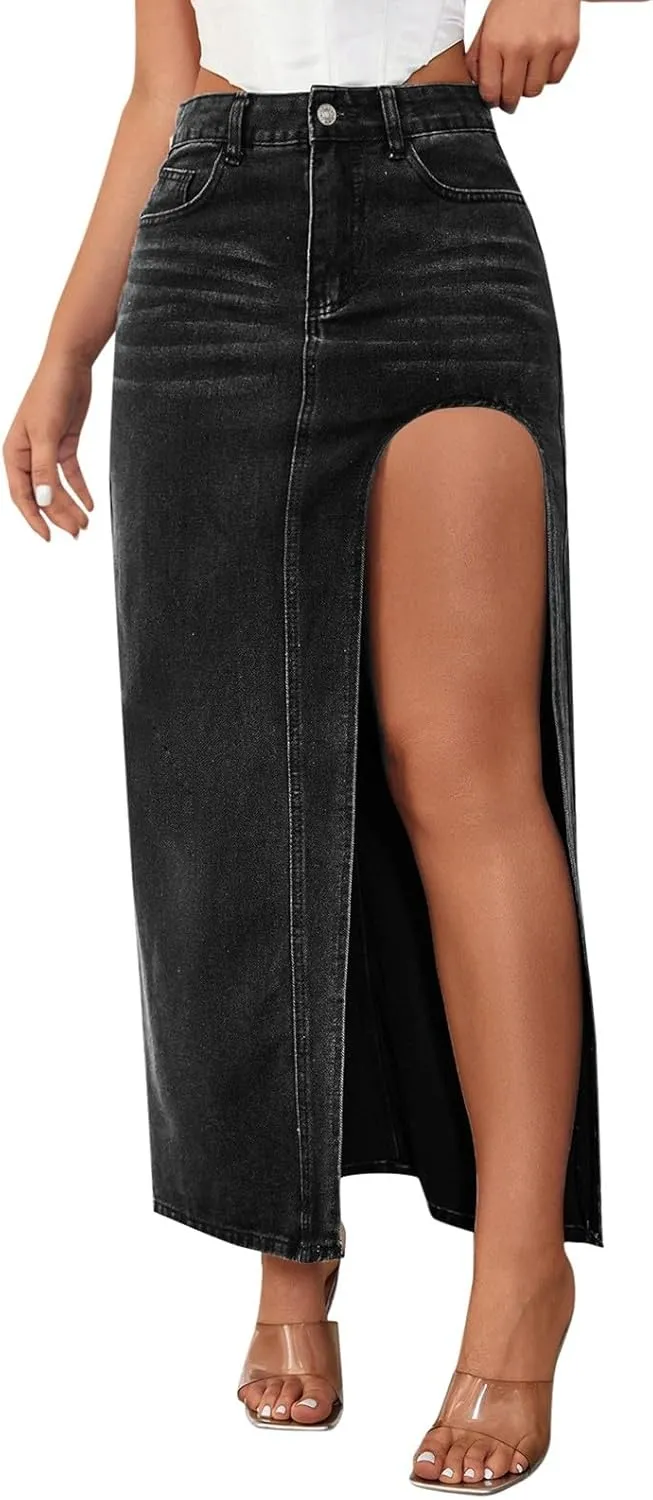 Wide Leg Jeans Woman High Waisted Casual Mom Trendy Split Thigh Maxi Denim Pants Ladies Zip Up Long Pencil Jean