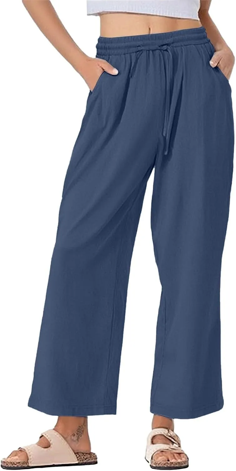 Wide Leg Linen Pants Women Palazzo Trousers Summer Casual Vacation Trousers Lounge Pant with Pockets