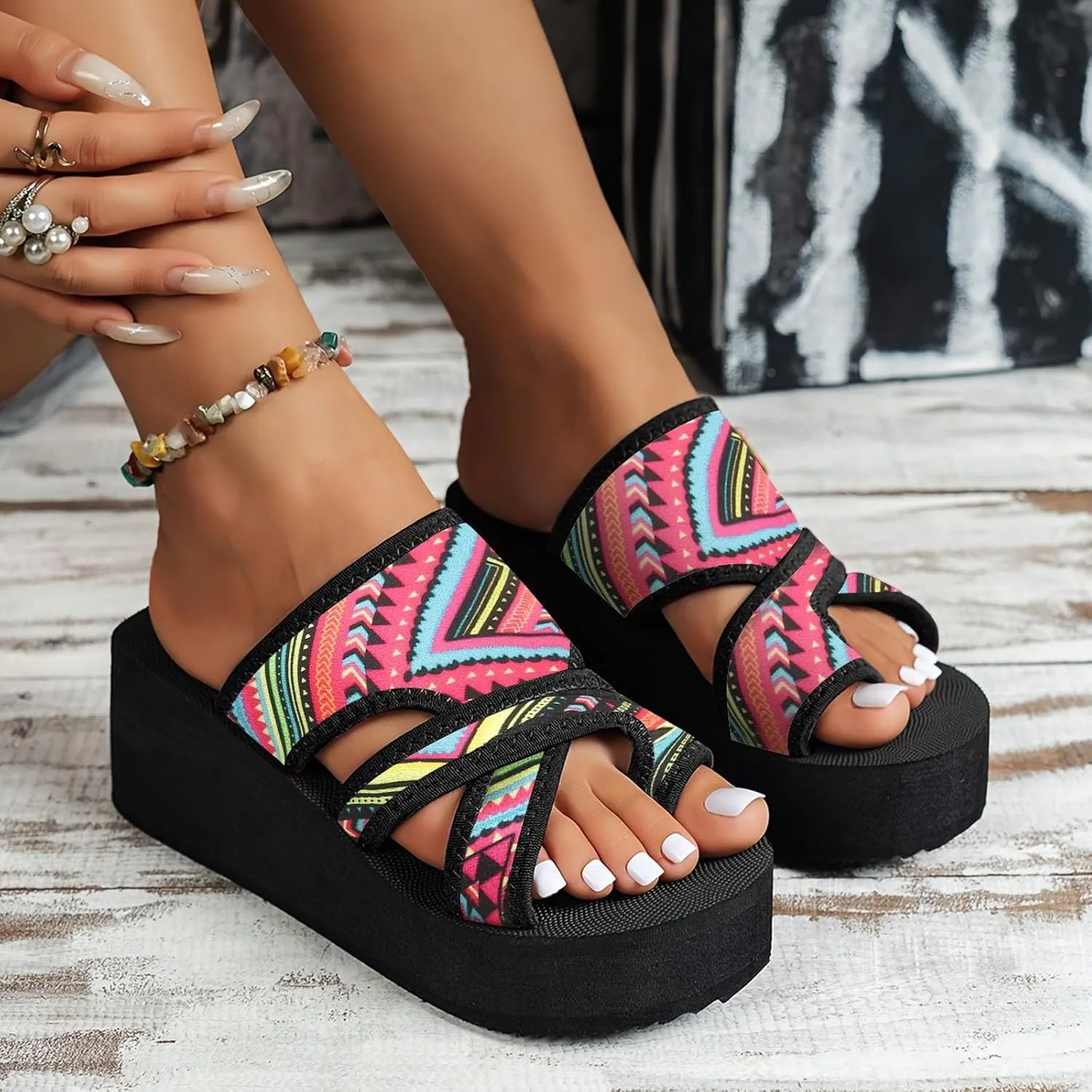 Wide Width Beach Flatform Sandals for Women with Comfy Cushion Yoga Mat Sole Cusual Outdoor Slippers Non Slip&Lightweight Beach Vacation Slippers for Women Quick-Dry Water Friendly Thong Sandal