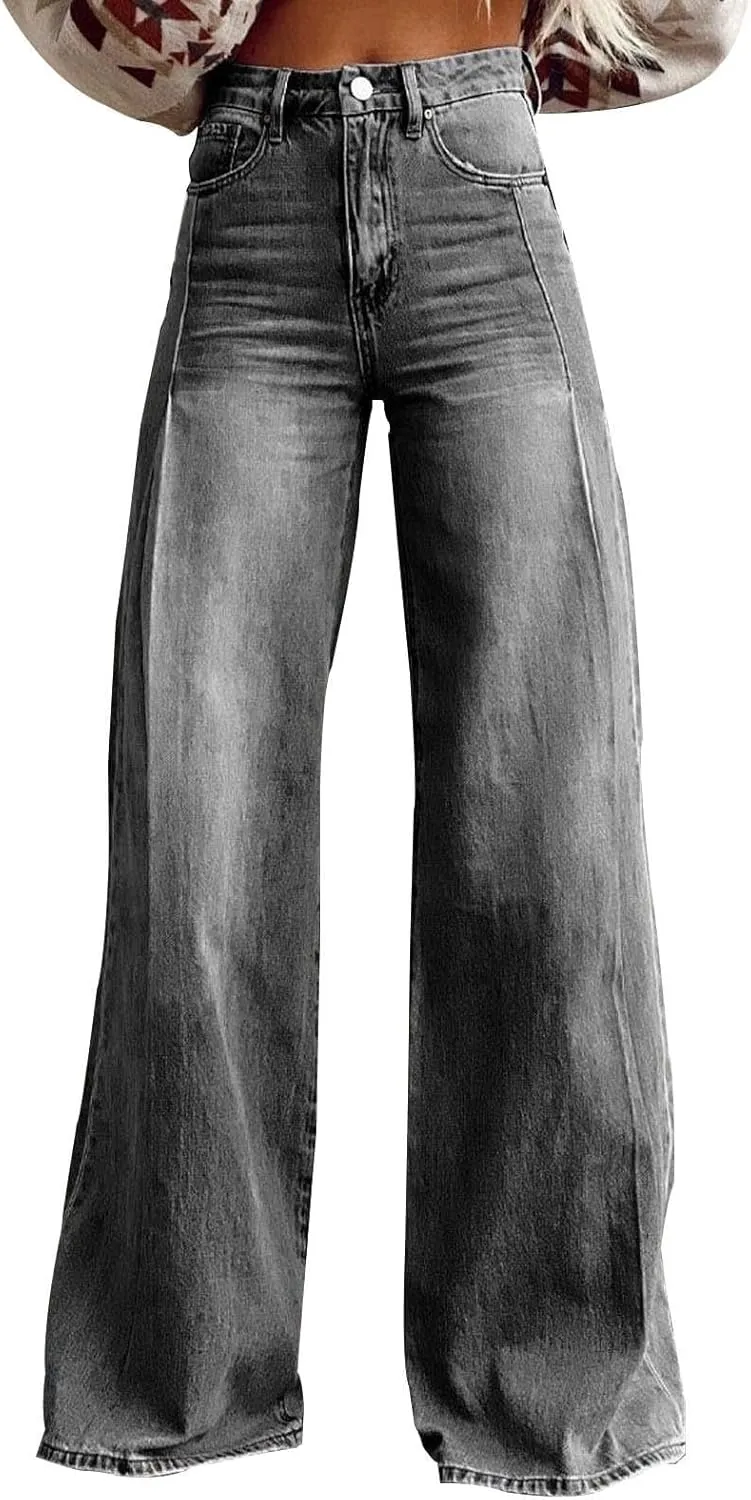 Woman's Wide Leg Jeans 2025 Summer Fashion High Waisted Flare Dark Wash Baggy Denim Pants Y2k Streetwear