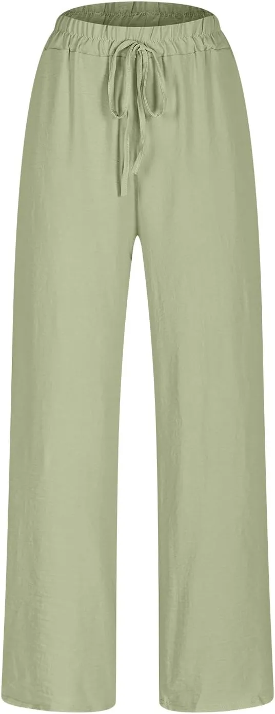 Women Cotton Linen Pants, Lightweight Summer Drawstring Tapered Trousers Casual Elastic High Waist Slack with Pockets