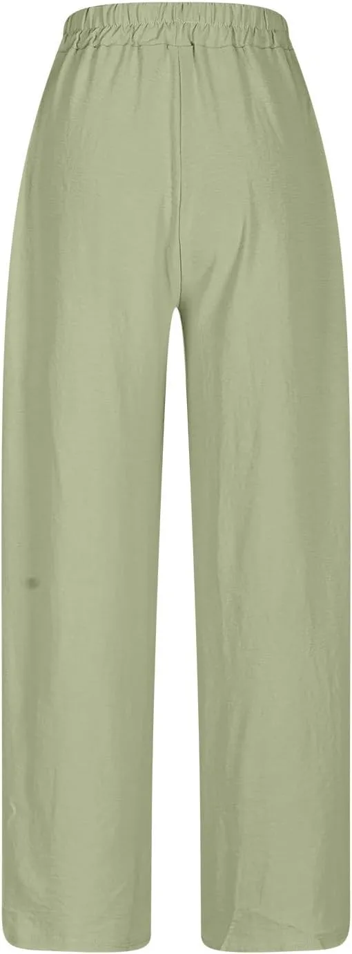 Women Cotton Linen Pants, Lightweight Summer Drawstring Tapered Trousers Casual Elastic High Waist Slack with Pockets