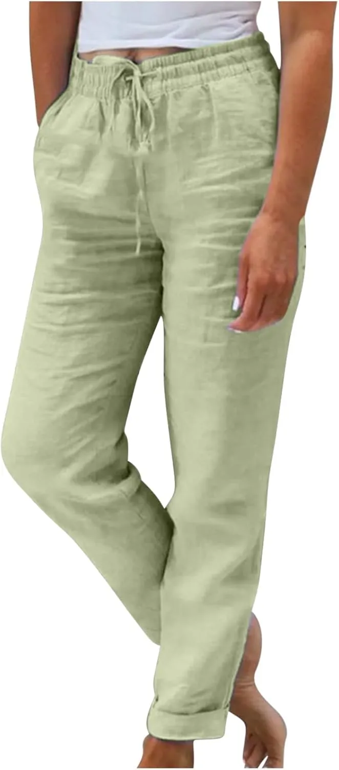 Women Cotton Linen Pants, Lightweight Summer Drawstring Tapered Trousers Casual Elastic High Waist Slack with Pockets