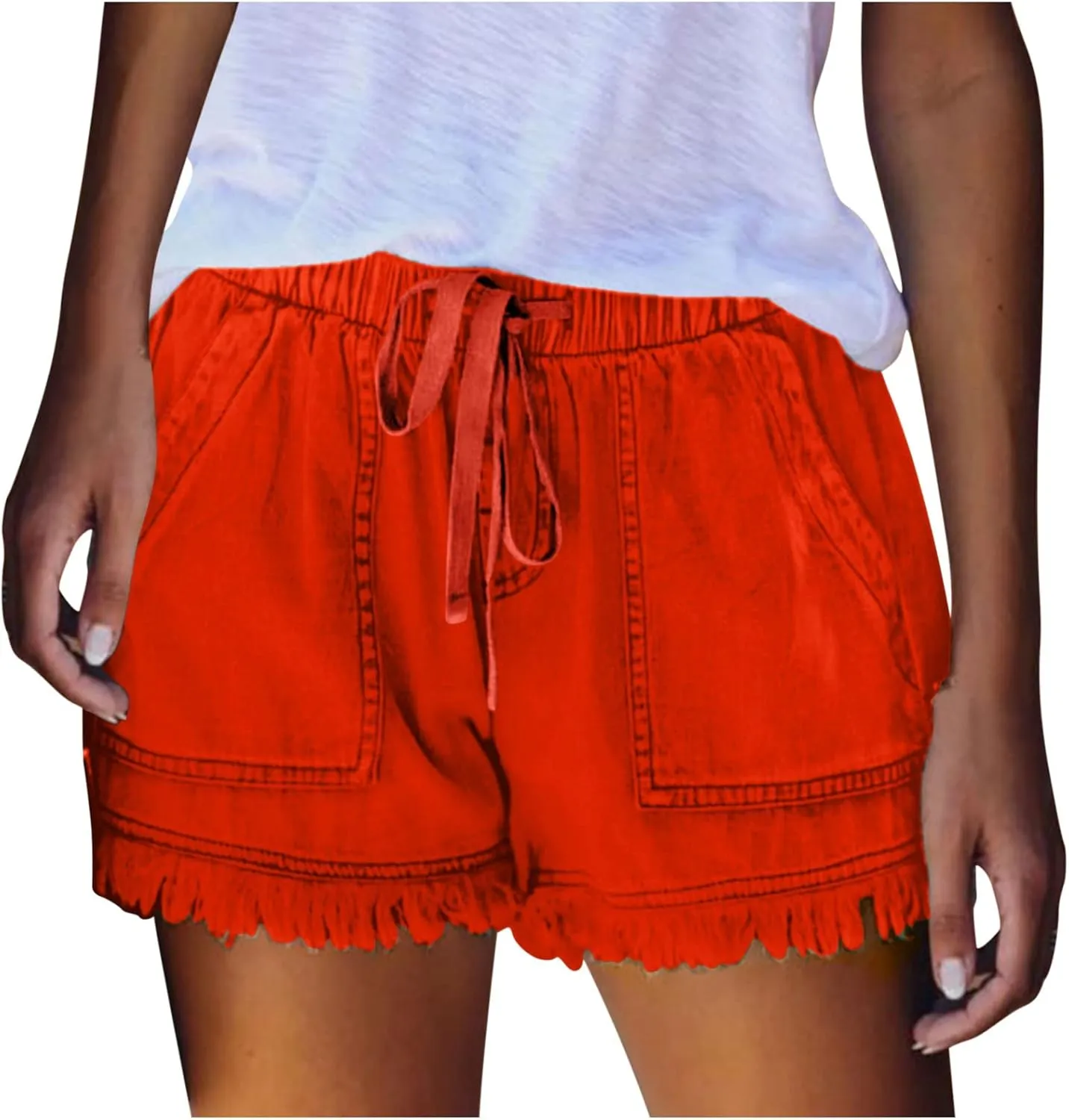 Women Denim Shorts 3 Inch Inseam Casual Summer Elastic High Waisted Jeans Frayed Raw Hem Jean Shorts with Pockets