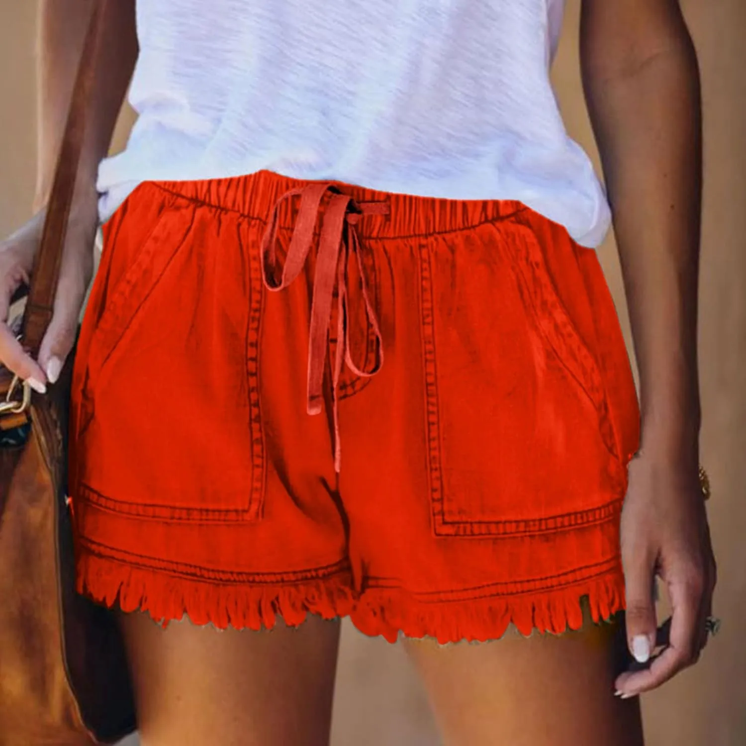 Women Denim Shorts 3 Inch Inseam Casual Summer Elastic High Waisted Jeans Frayed Raw Hem Jean Shorts with Pockets