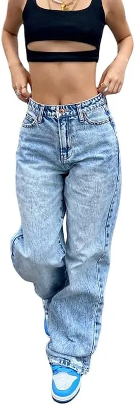 Women High Waisted Jeans Cargo Straight Leg Pants Loose Baggy Trousers Wide Leg Denim Jeans Pants Streetwear