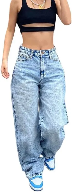 Women High Waisted Jeans Cargo Straight Leg Pants Loose Baggy Trousers Wide Leg Denim Jeans Pants Streetwear