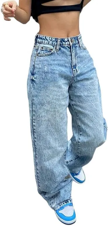 Women High Waisted Jeans Cargo Straight Leg Pants Loose Baggy Trousers Wide Leg Denim Jeans Pants Streetwear