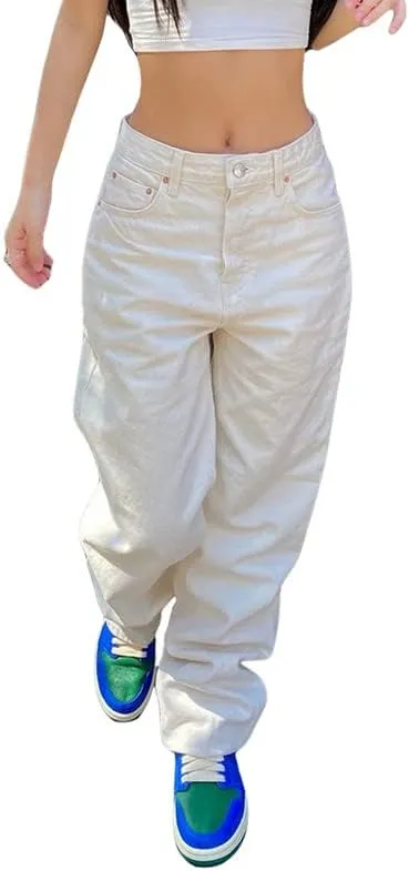 Women High Waisted Jeans Cargo Straight Leg Pants Loose Baggy Trousers Wide Leg Denim Jeans Pants Streetwear