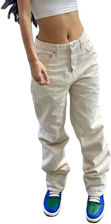 Women High Waisted Jeans Cargo Straight Leg Pants Loose Baggy Trousers Wide Leg Denim Jeans Pants Streetwear