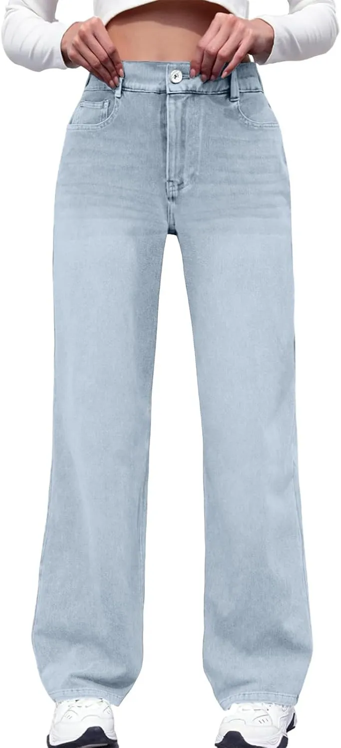 Women Jeans, Tummy Control Jeans for Women Mid Rise Trendy Straight Leg Summer Plus Size Baggy Stretchy Trousers
