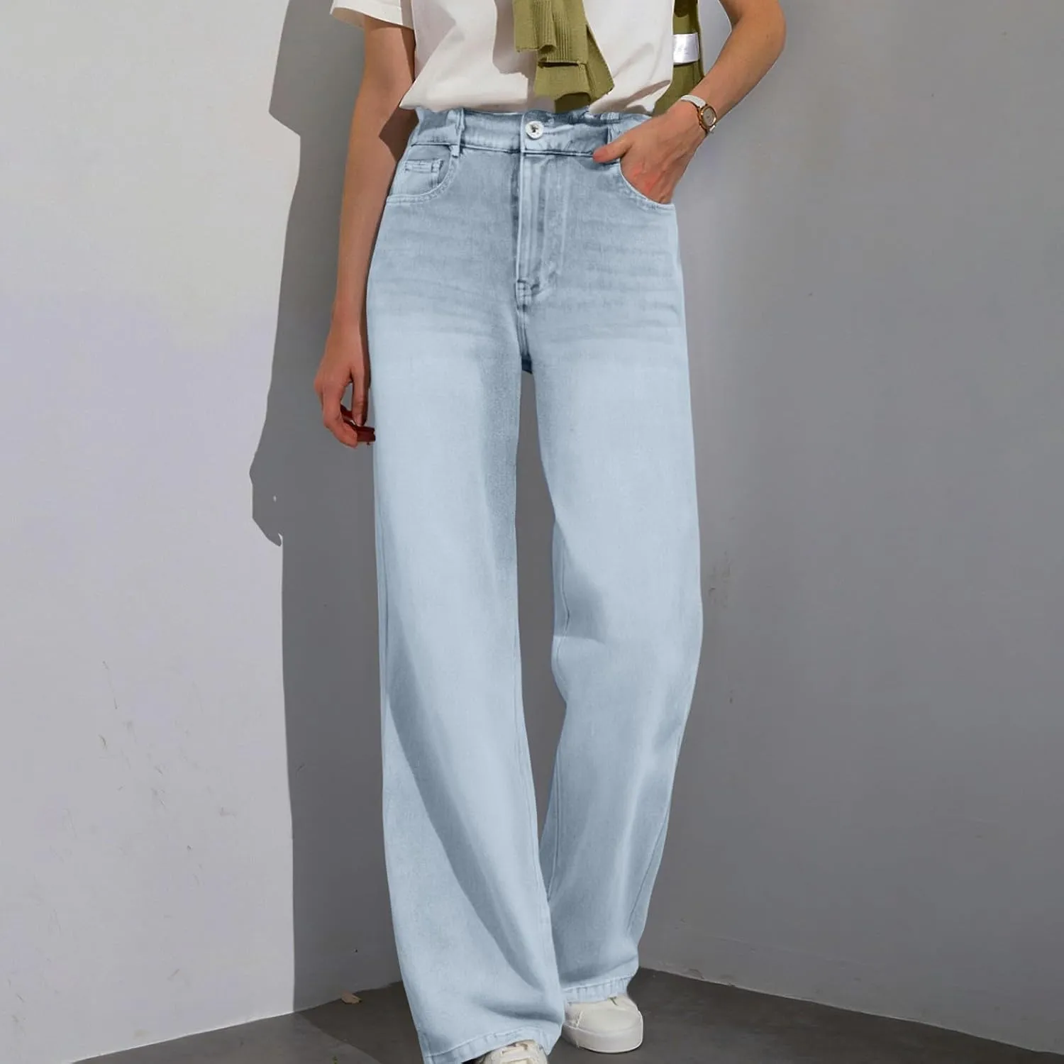 Women Jeans, Tummy Control Jeans for Women Mid Rise Trendy Straight Leg Summer Plus Size Baggy Stretchy Trousers