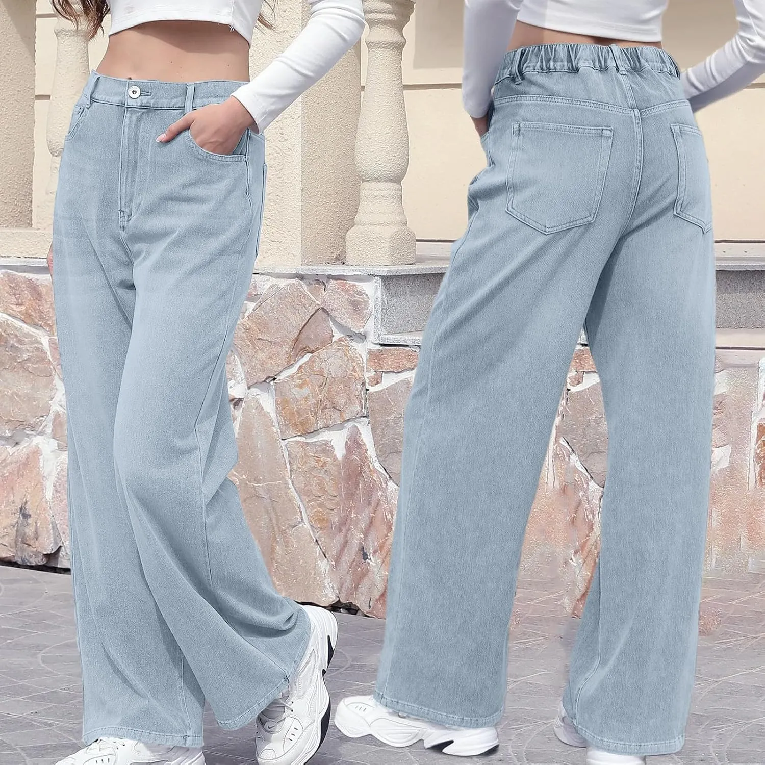 Women Jeans, Tummy Control Jeans for Women Mid Rise Trendy Straight Leg Summer Plus Size Baggy Stretchy Trousers