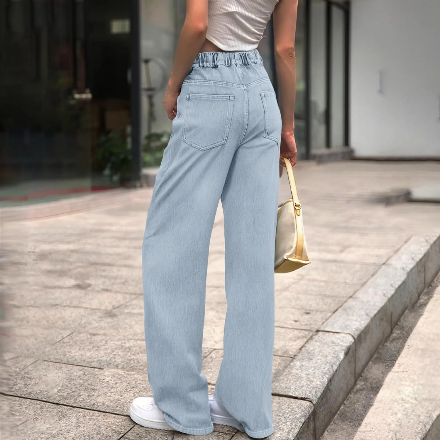 Women Jeans, Tummy Control Jeans for Women Mid Rise Trendy Straight Leg Summer Plus Size Baggy Stretchy Trousers
