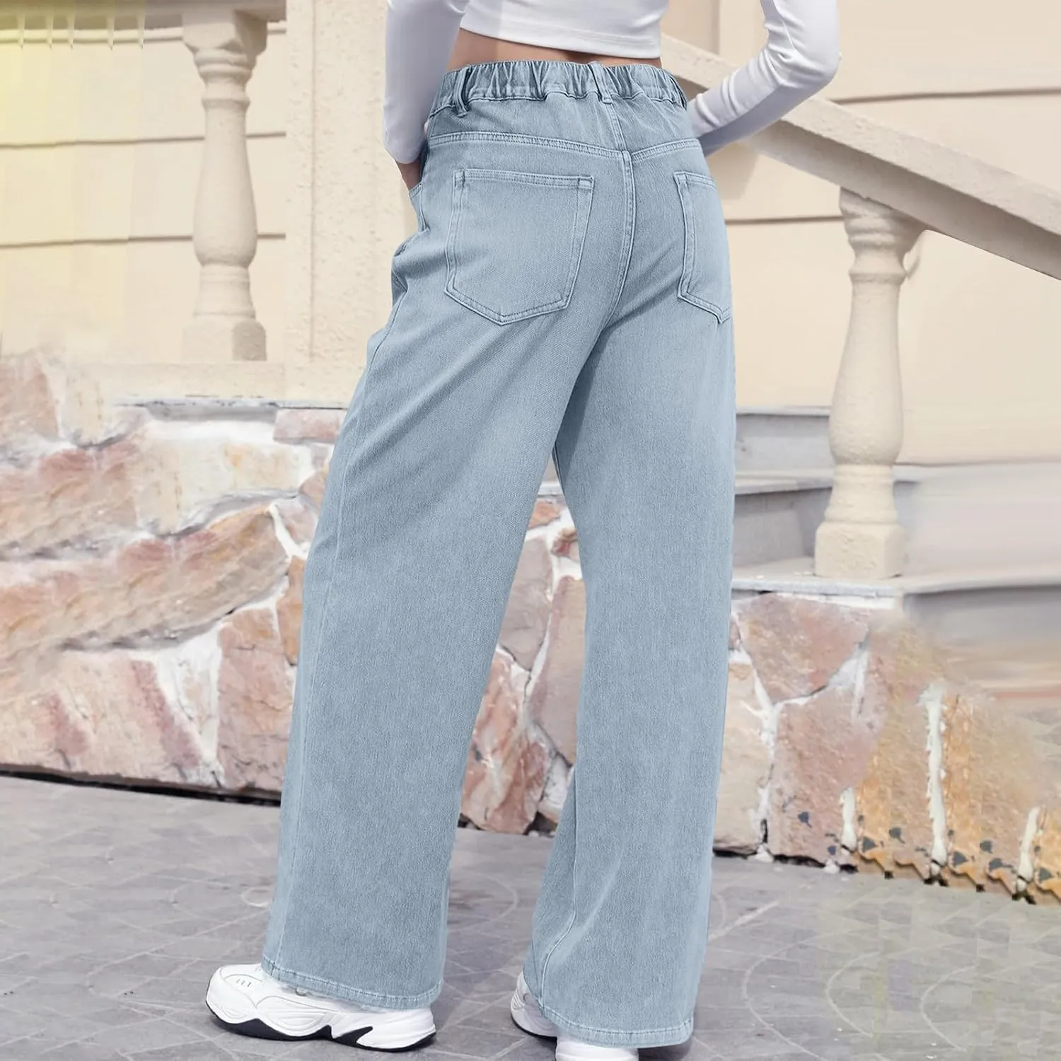 Women Jeans, Tummy Control Jeans for Women Mid Rise Trendy Straight Leg Summer Plus Size Baggy Stretchy Trousers