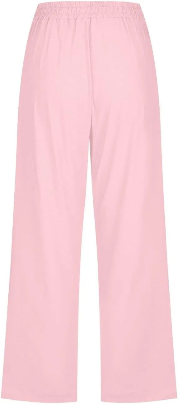 Women Linen Capri Pants Summer Boho Pants Drawstring Elastic Trousers Comfy Straight Leg Long with Pockets