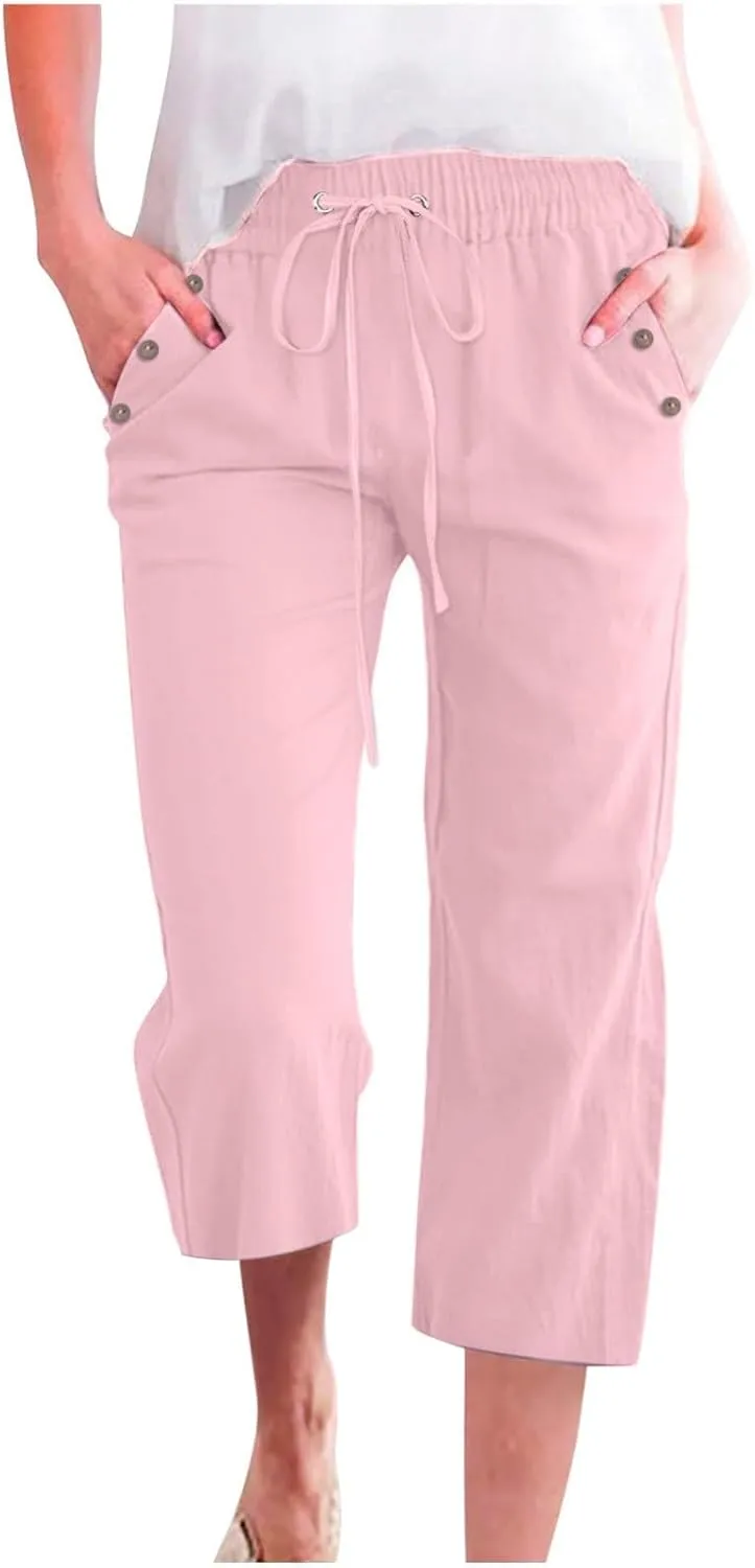 Women Linen Capri Pants Summer Boho Pants Drawstring Elastic Trousers Comfy Straight Leg Long with Pockets