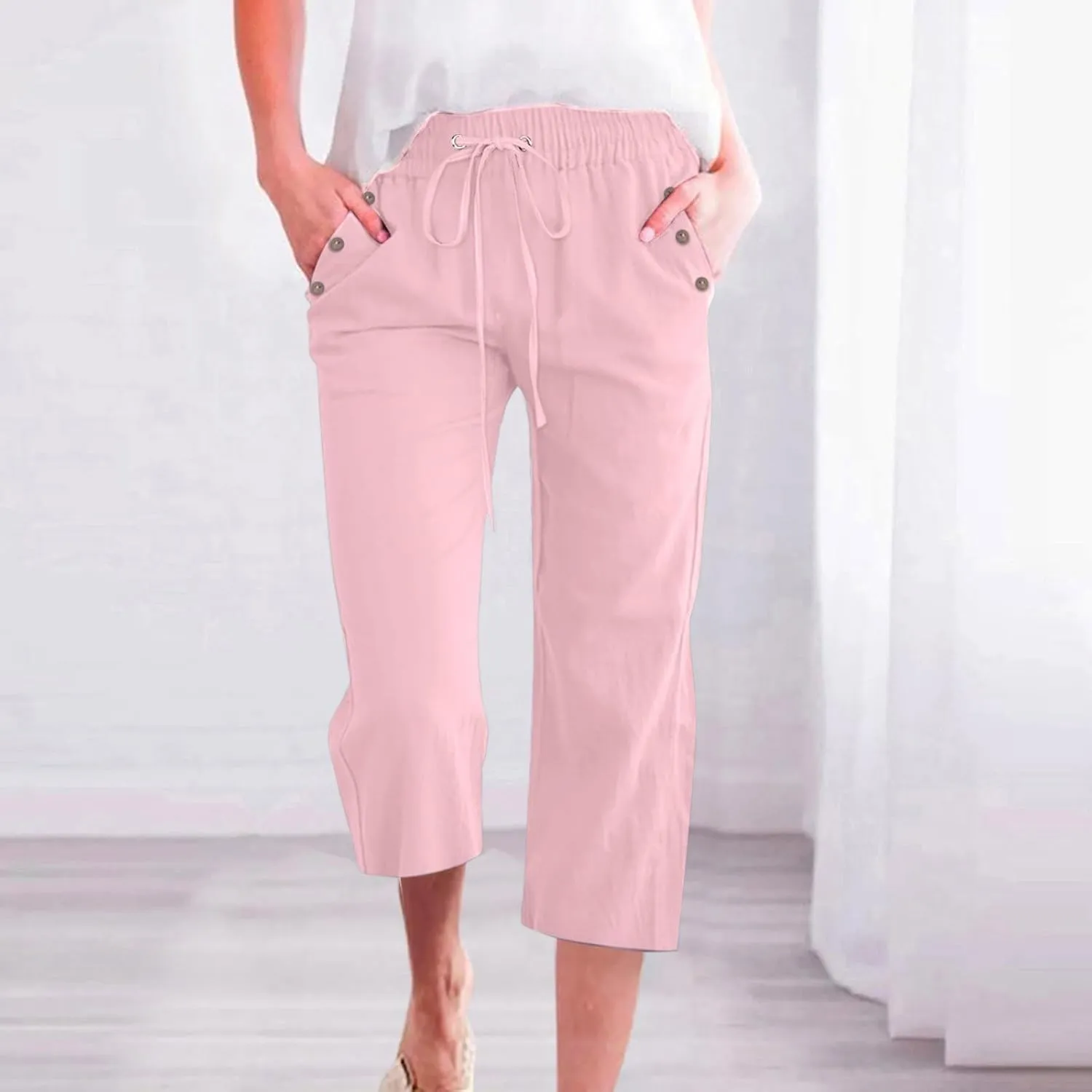 Women Linen Capri Pants Summer Boho Pants Drawstring Elastic Trousers Comfy Straight Leg Long with Pockets
