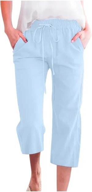 Women Linen Capri Pants Summer Boho Pants Drawstring Elastic Trousers Comfy Straight Leg Long with Pockets
