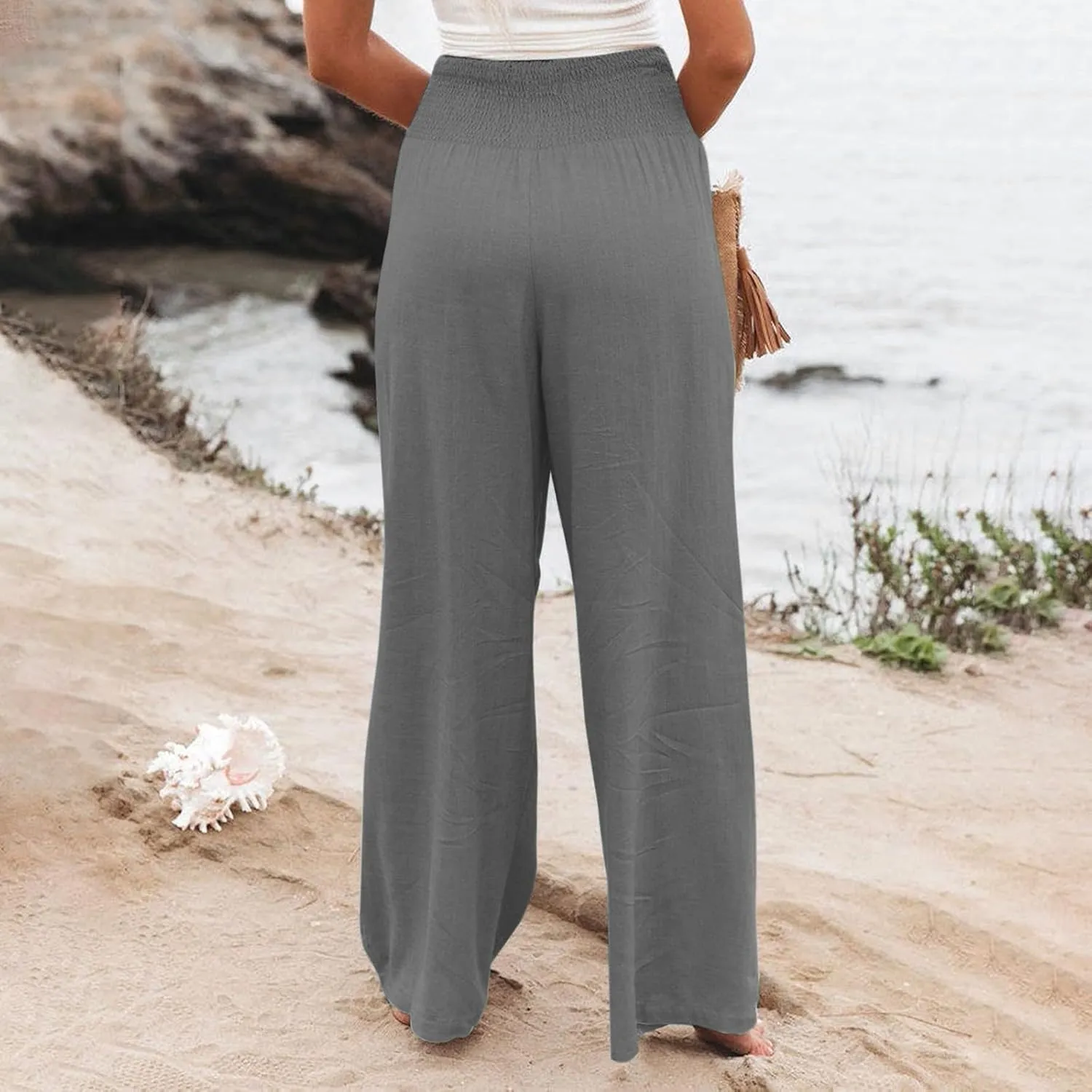 Women Linen Palazzo Pants Summer Wide Leg High Waist Casual Lounge Pant Beach Vacation Trousers with Pockets